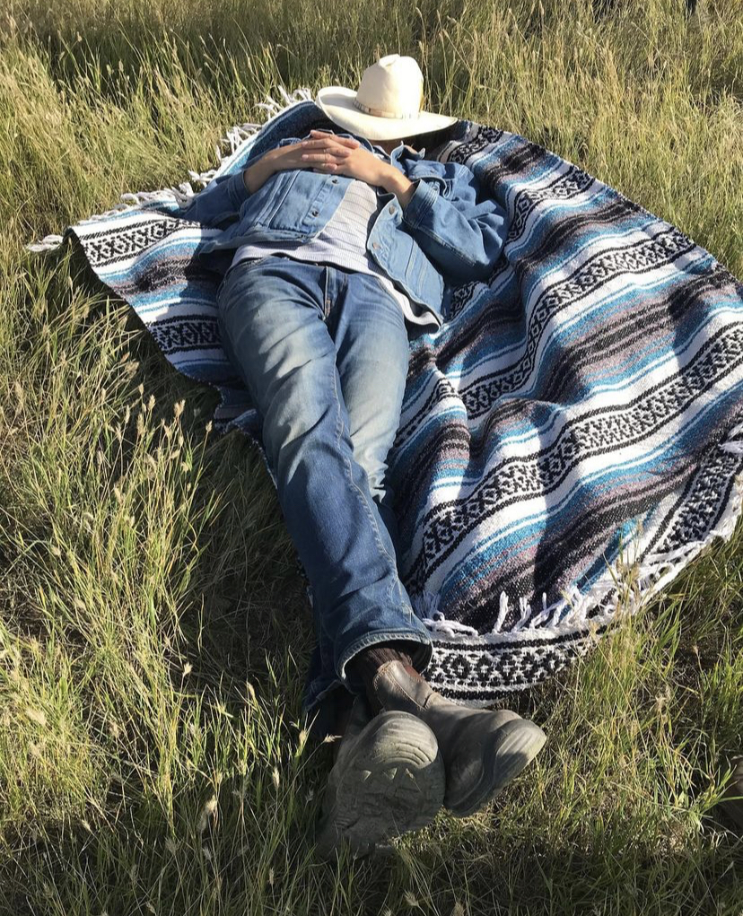 Resting in an open field beneath a wide sky